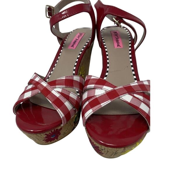 Betsey Johnson Traci Platform Wedge Sandals Red Multi Gingham Floral - Picture 7 of 8
